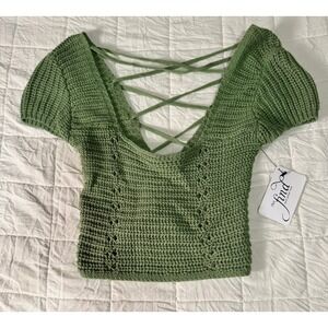 Double Zero Crochet Crop Top Criss Cross‎ Back Green Knit Shirt Size Small